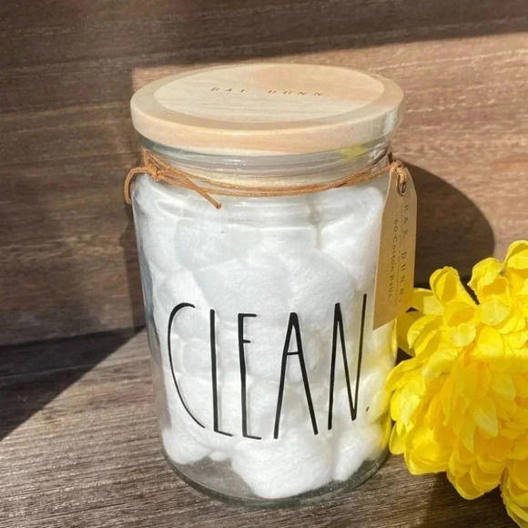 NEW Rae Dunn CLEAN (reusable) Glass Jar with 60 Cotton Balls & cute wood lid - Picture 6 of 8
